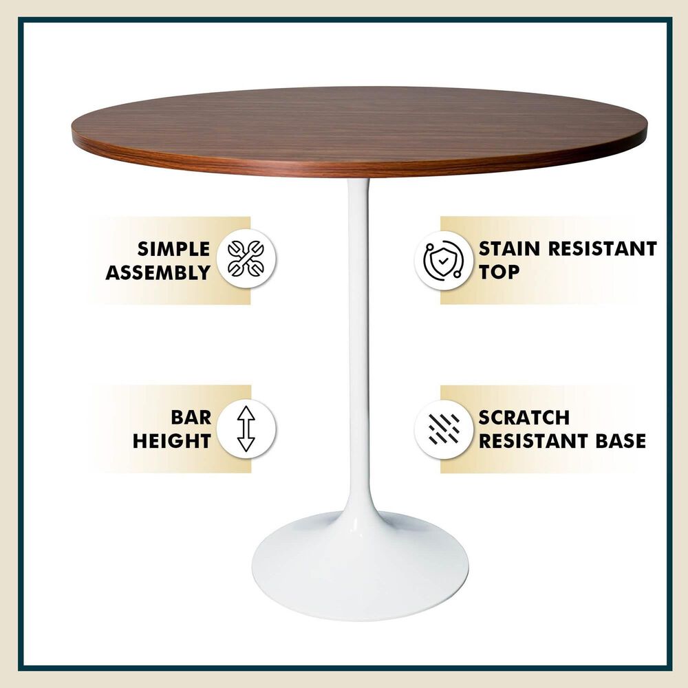 Leisuremod LeisureMod Verve Collection Modern Bar Height Table White Base with 48 Round Cognac Brown MDF Top, , large