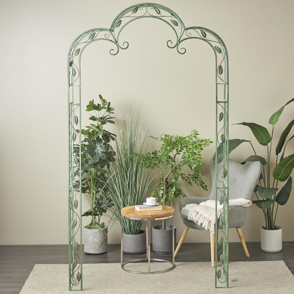 Maple and Jade Vine Arched Leaf Garden Arbor in Distressed Green, , large