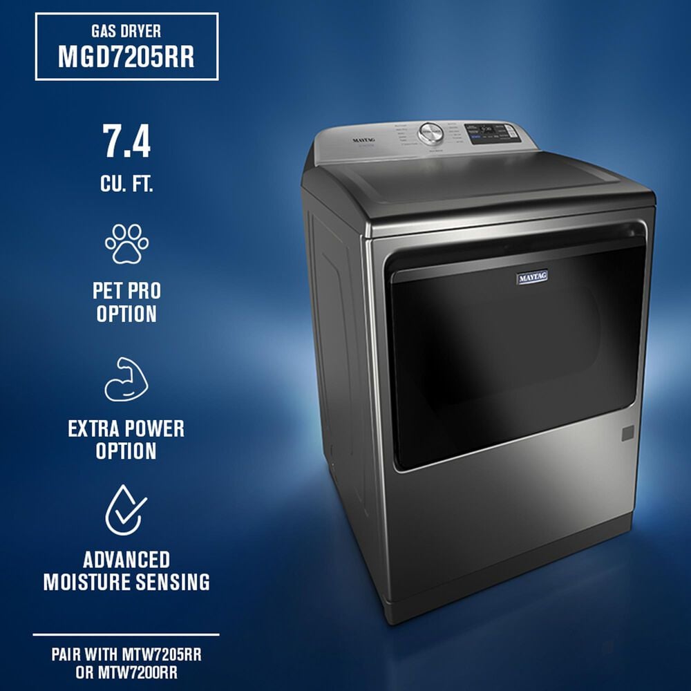 Maytag 5.2 Cu. Ft. Smart Pet Pro Top Load Agitator Washer and 7.4 Cu. Ft. Smart Gas Top Load Dryer Laundry Pair in Classic Silver, , large