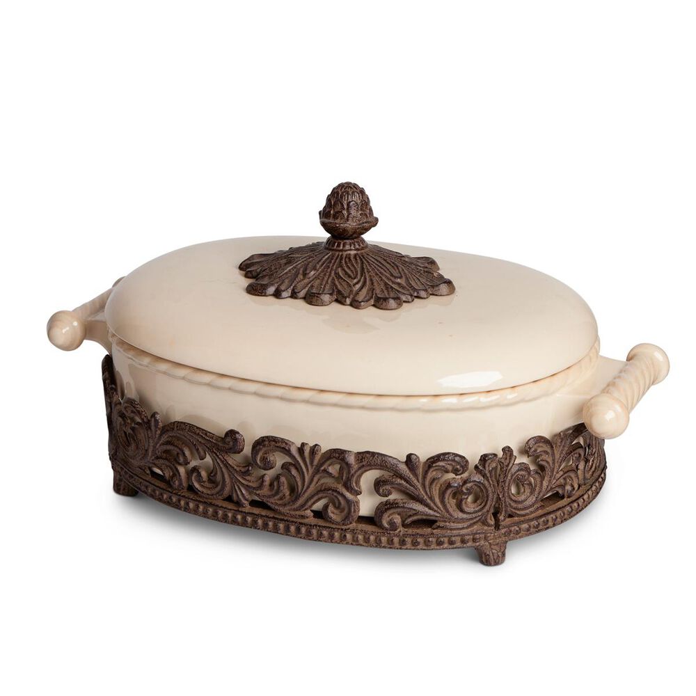 The Gerson Company GG Collection Covered Casserole with Metal Base in Cream, , large