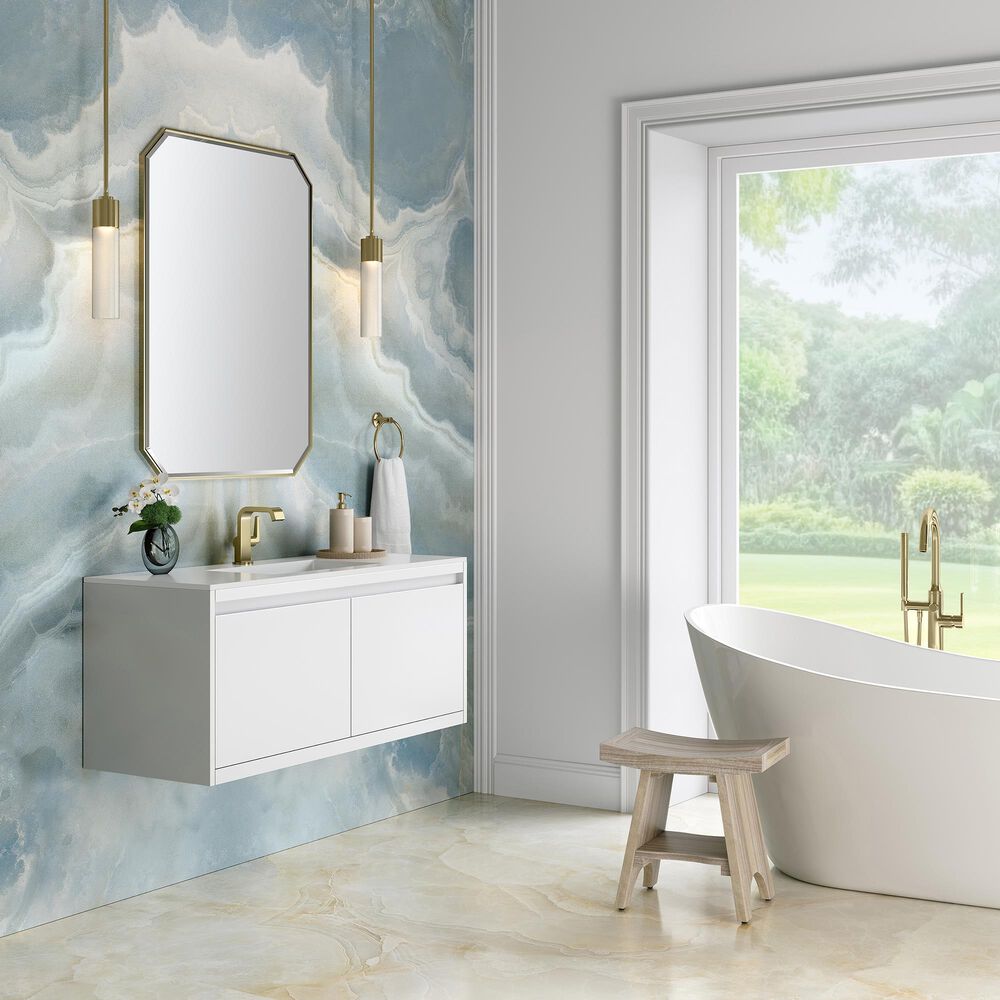 James Martin Vanities Mantova 47.3&quot; Single Vanity in Glossy White and Champagne Brass with 3 cm Glossy White Composite Stone Top and Rectangular Sink, , large