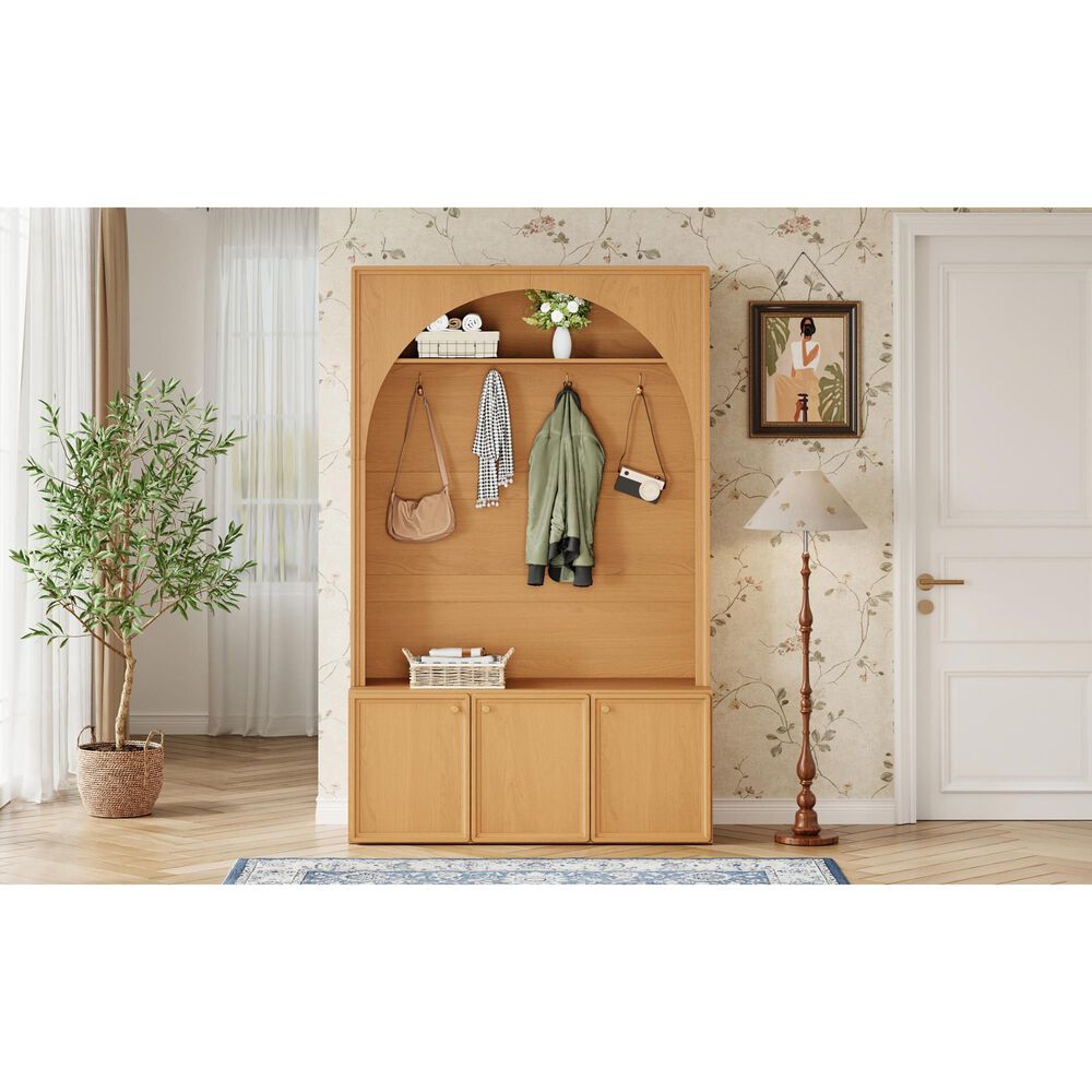 HOMLUX 4-Hook Hall Tree with Entryway Storage Bench in Natural, , large