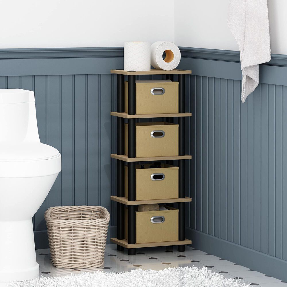 HOMLUX 5-Tier Tall Corner Open Bookshelf with 4 Storage Bins in Oak and Black, , large