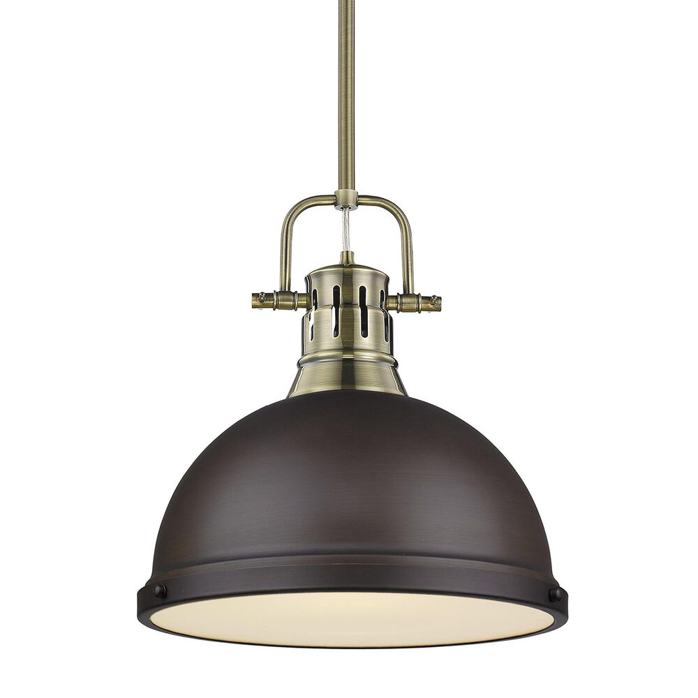 Golden Lighting Duncan 1-Light Pendant with Rod and Rubbed Bronze Shade in Aged Brass, , large