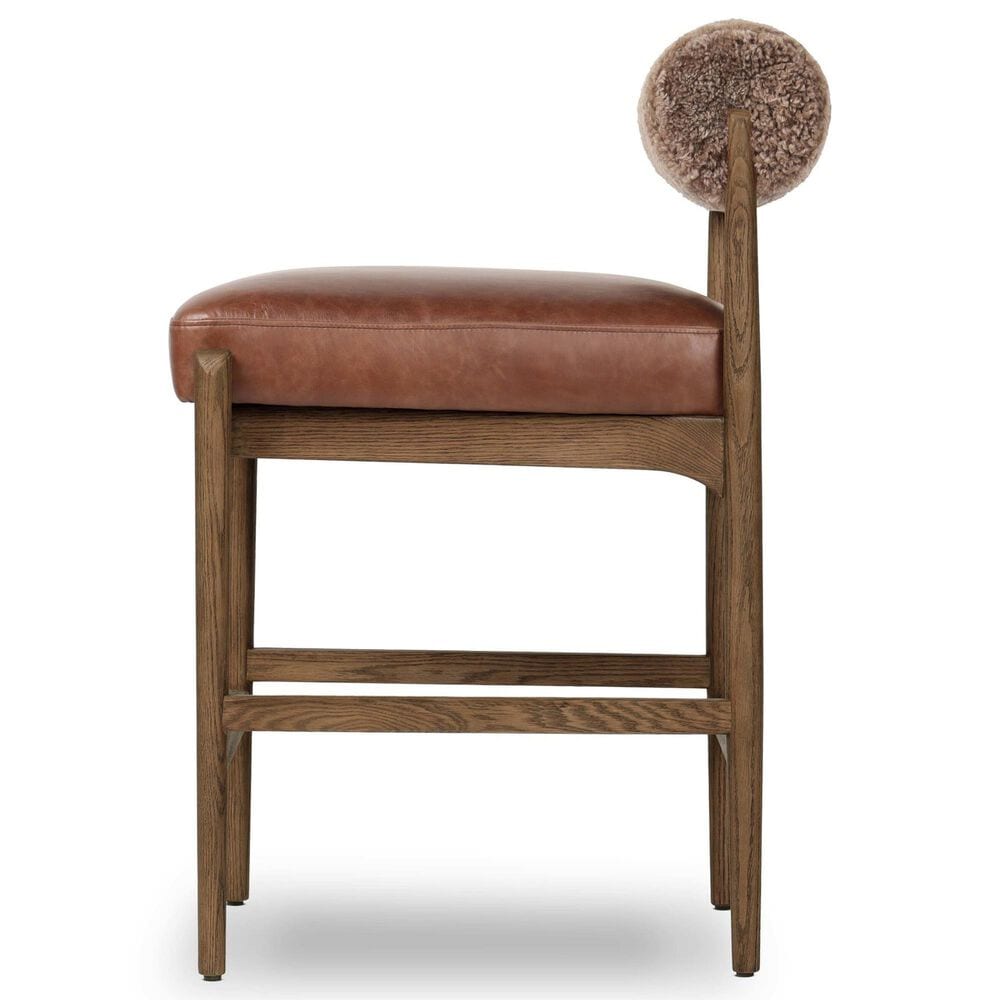 Four Hands Jazelle Counter Stool with Taupe Shearling Upholstery in Tan Oak, , large