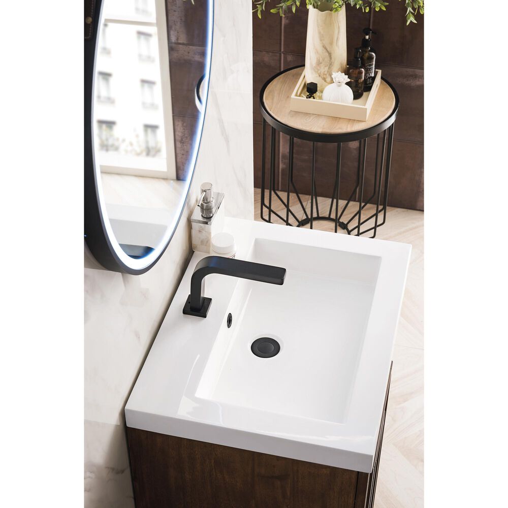 James Martin Vanities Alicante 24&quot; Single Bathroom Vanity in Mid Century Acacia and Matte Black with 5 cm White Glossy Resin Top and Rectangular Sink, , large
