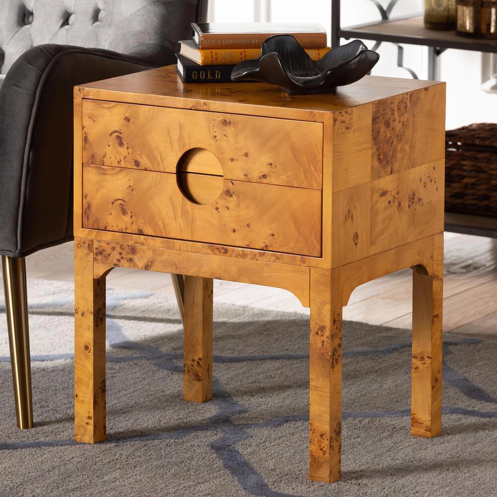 Baxton Studio Kayla 2-Drawer Nightstand in Light Mappa Burl, , large