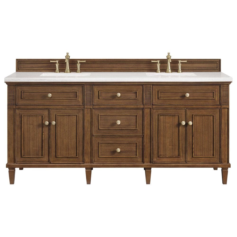 James Martin Vanities Lorelai 72&quot;Double Vanity in Mid-Century Walnut with 3 cm Arctic Fall Solid Surface Top, , large