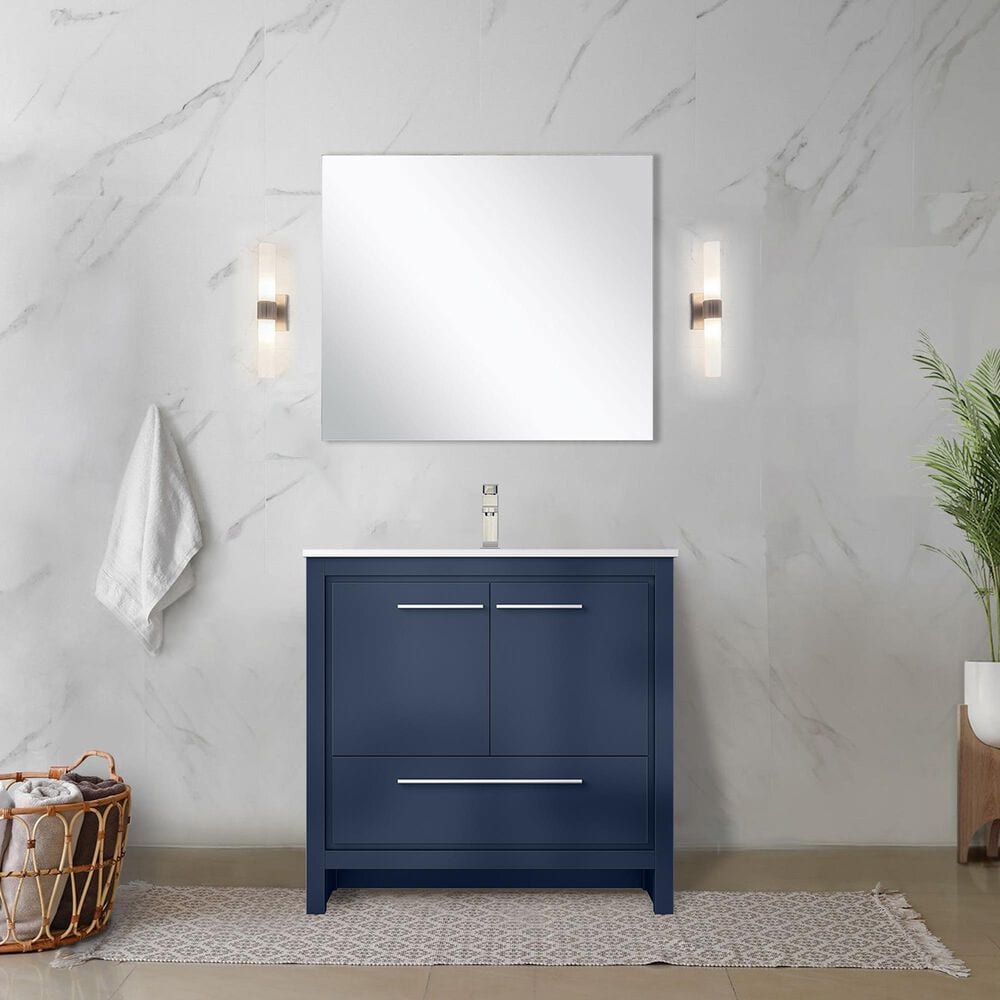 Lexora Home Lafarre 36&quot; Single Bathroom Vanity in Navy Blue with 2 cm White Quartz Top and Rectangular Sink, , large