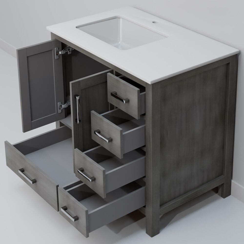 Lexora Home Jacques 36" Left Offset Single Bathroom Vanity in Distressed Grey with 2 cm White Cultured Marble Top and Rectangular Sink, , large