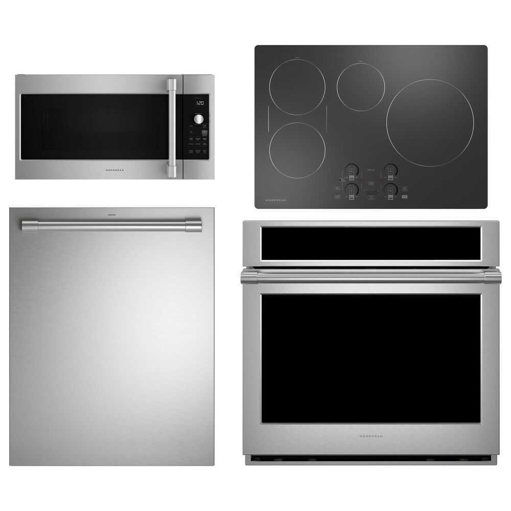 Monogram 4-Piece Kitchen Package with Stainless Steel 30" Wall Oven and Black Electric Cooktop, , large