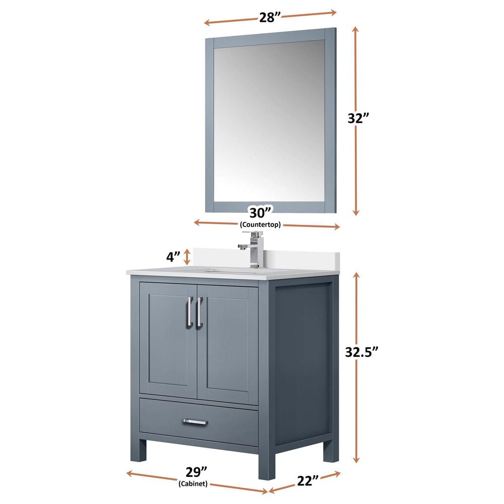 Lexora Home Jacques 30&quot; Single Bathroom Vanity in Dark Grey with 2 cm White Quartz Top and Rectangular Sink, , large