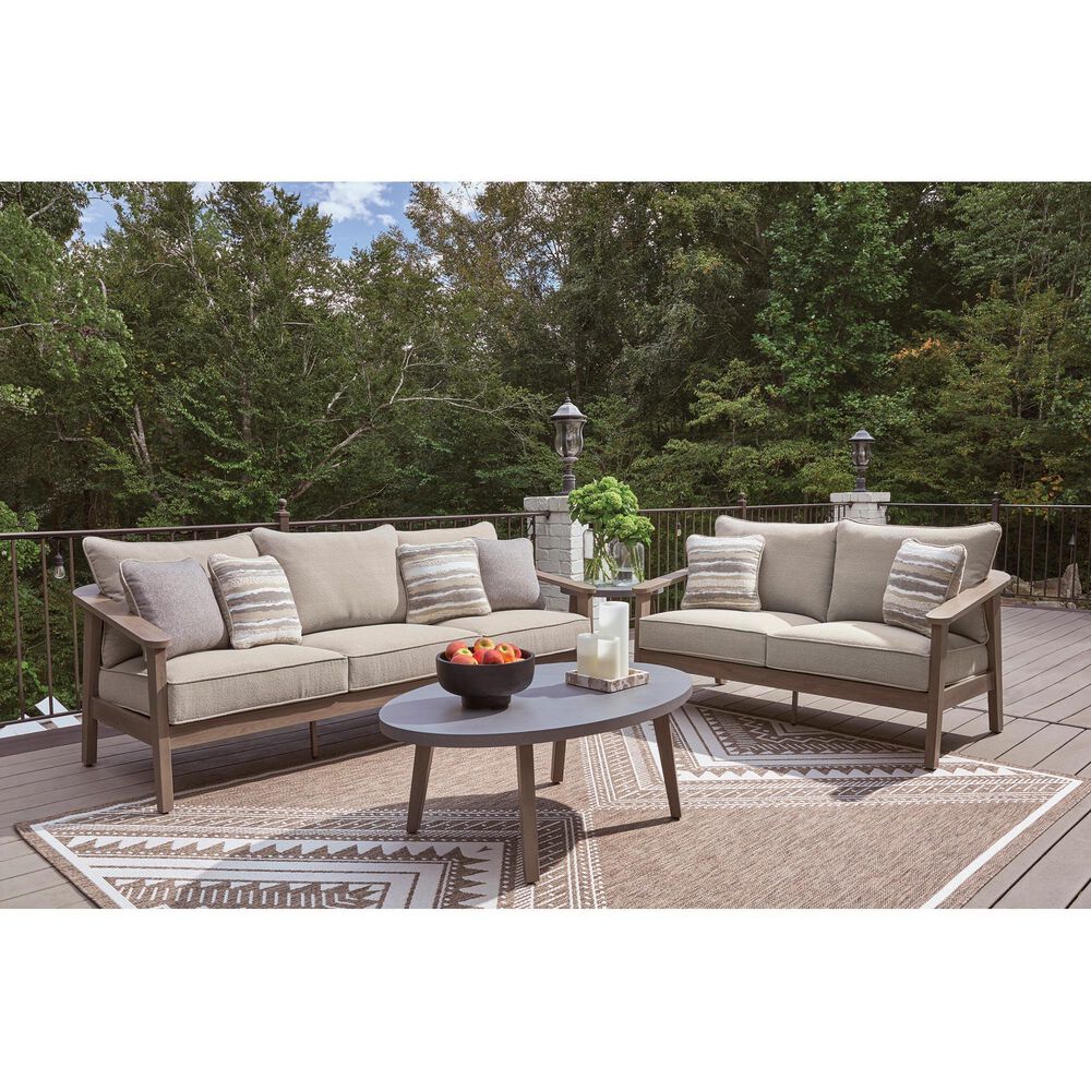 Ashley Harmony Headlands Outdoor Loveseat with Cushion in Natural and Gray, , large