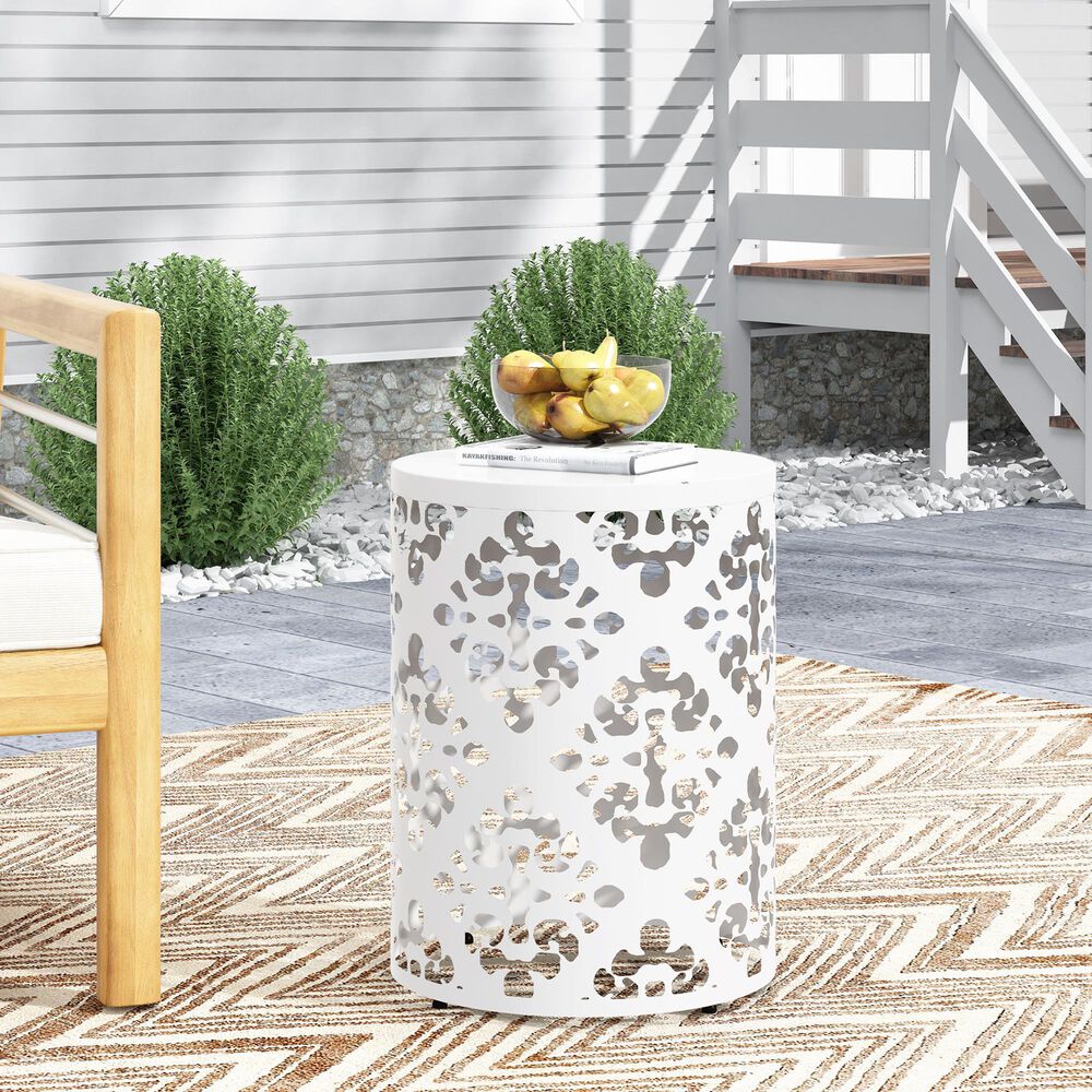 Hearth and Haven Outdoor End Side Table with Floral Pattern in White, , large