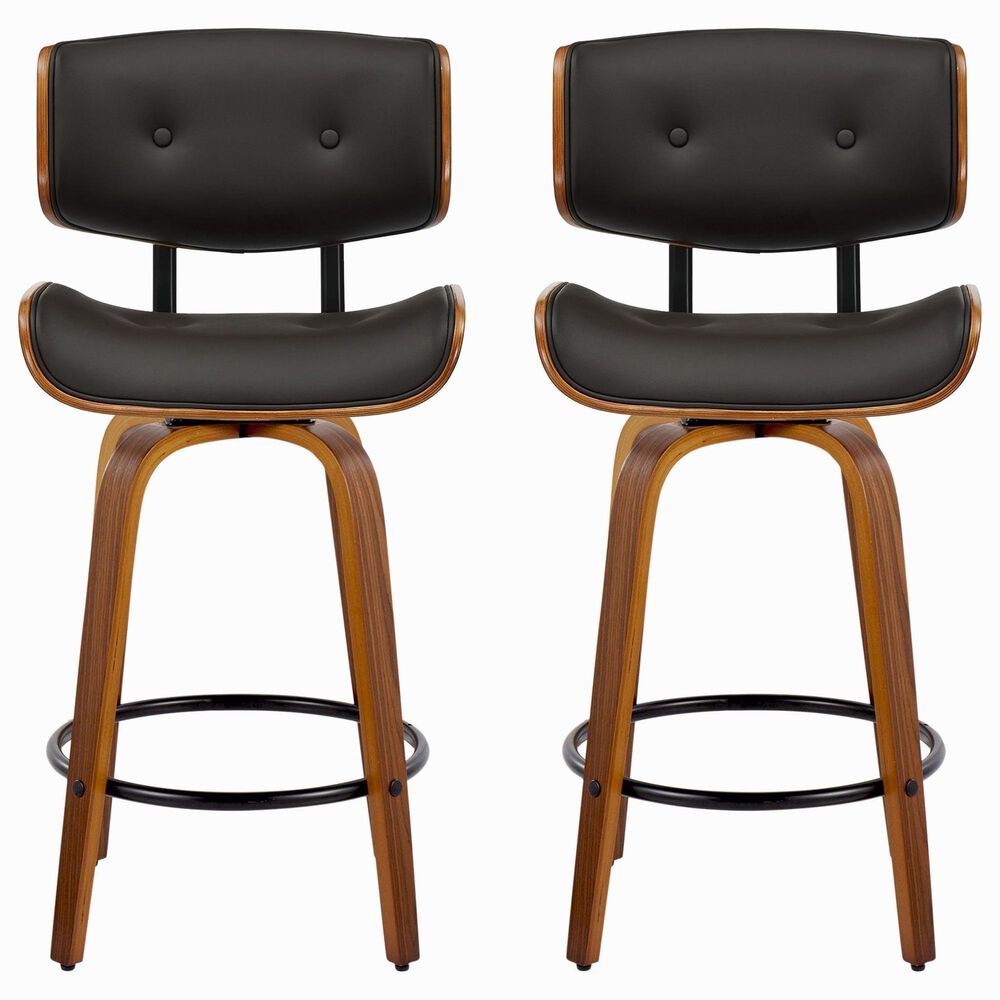LumiSource Lombardi 26" Swivel Counter Stool with Espresso Faux Leather Upholstery in Walnut and Black (Set of 2), , large