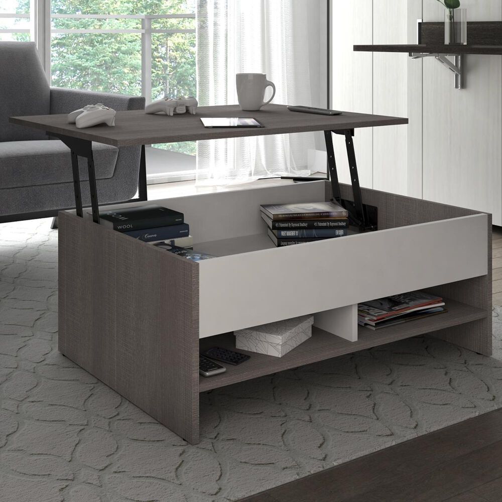 Bestar Small Space 37" Lift Top Storage Coffee Table in Bark Gray and White, , large