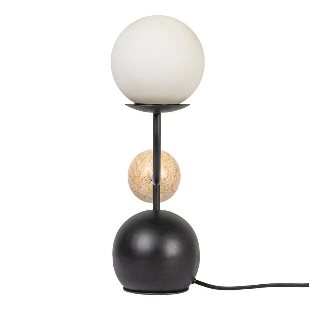 Teak Interiors Metal Table Lamp with Frosted Glass Globe, Wood Orb, Inline Switch in Matte Black and Patina, , large