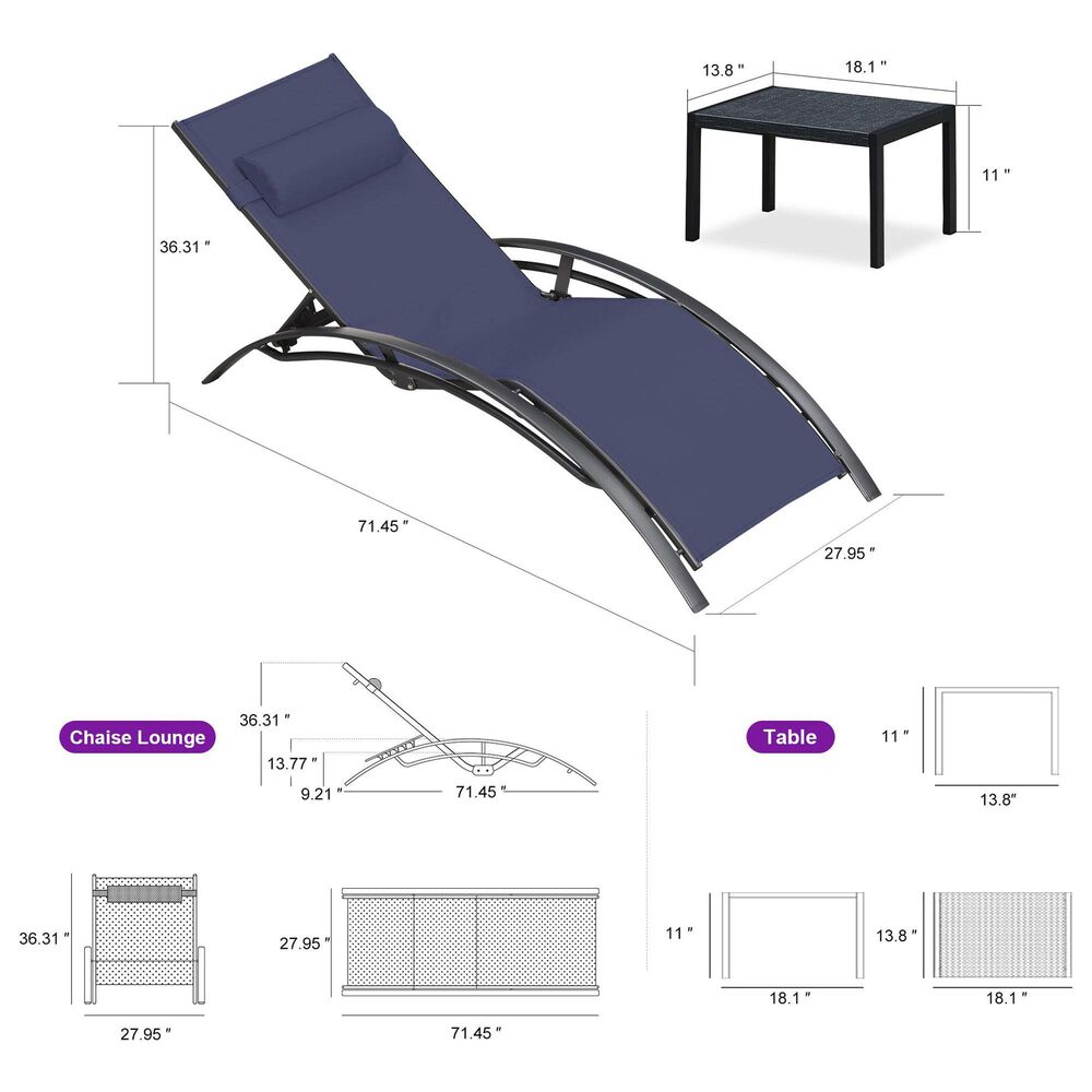HOMLUX 3-Piece Oversized Patio Chaise Lounge Set in Navy Blue, , large