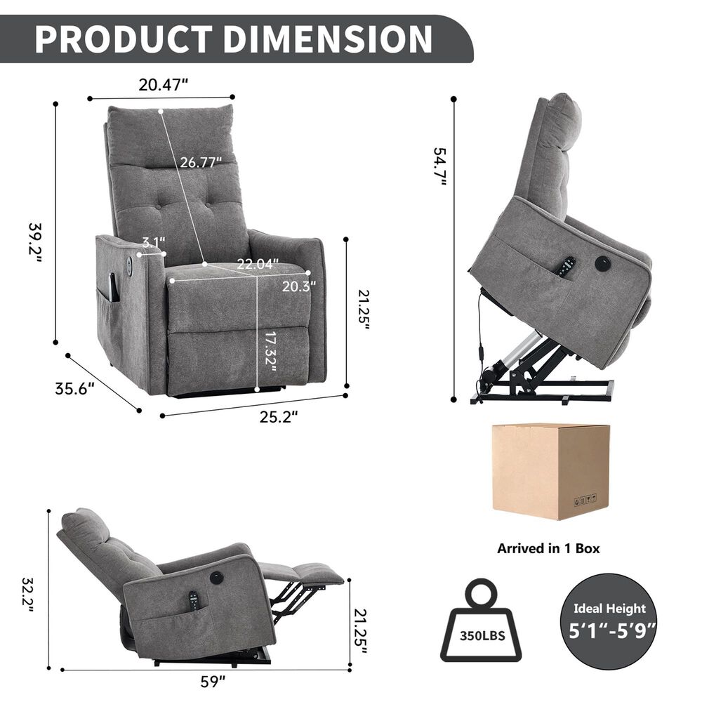 Hearth and Haven Power Lift Recliner in Light Gray, , large