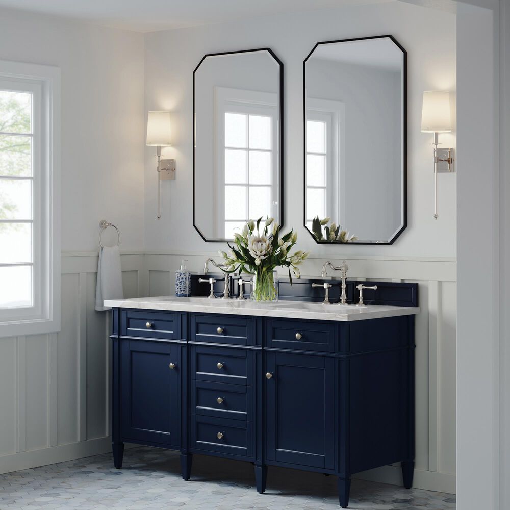 James Martin Brittany 60&quot; Double Bathroom Vanity in Victory Blue with Single Hole 3 cm White Zeus Quartz Top and Rectangular Sinks, , large