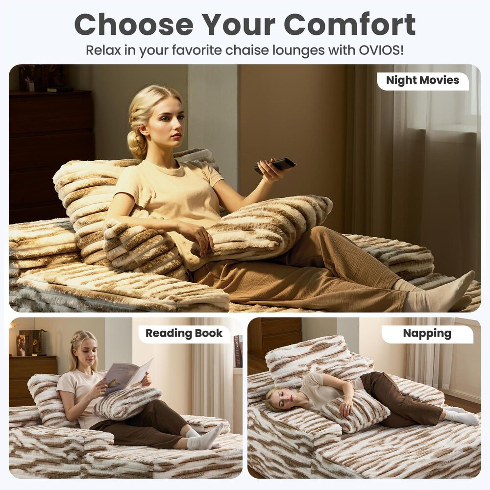 HOMLUX Cloud Faux Fur Chaise Lounge with Plush Pillows in Brown Zebra, , large