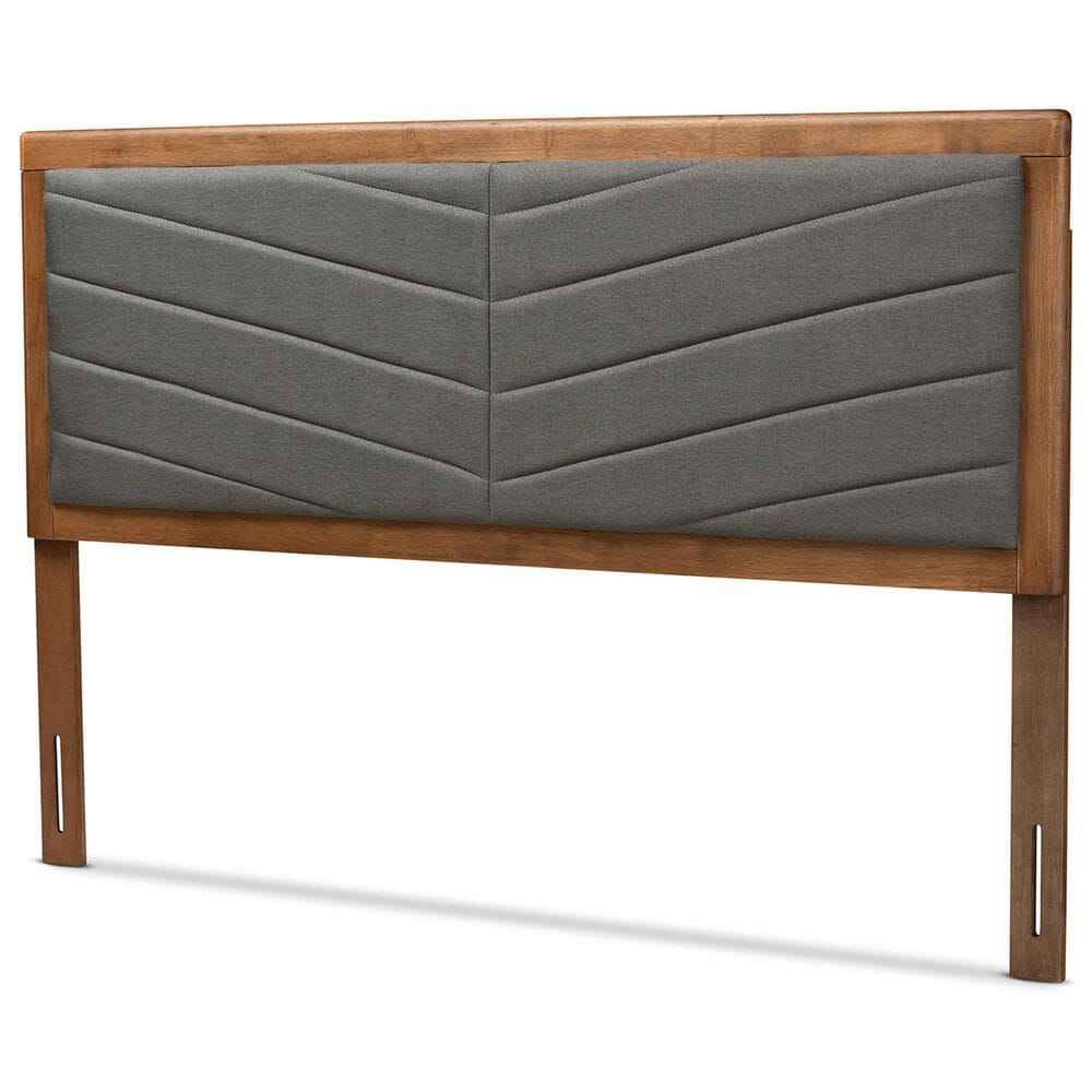 Baxton Studio Iden Queen Panel Headboard with Dark Grey Fabric in Walnut Brown, , large