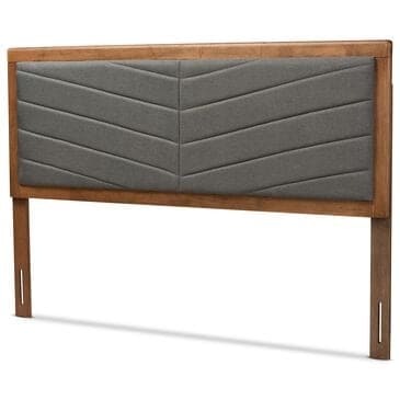 Baxton Studio Iden Queen Panel Headboard with Dark Grey Fabric in Walnut Brown, , large