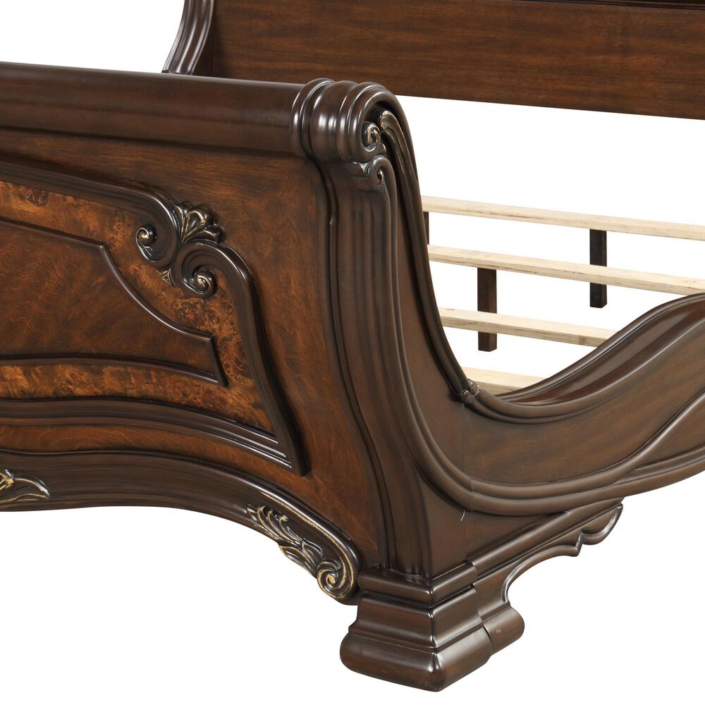 New Heritage Design Bella Note 5-Piece King Sleigh Bedroom Set in Mahogany Brown and Antique Gold, , large
