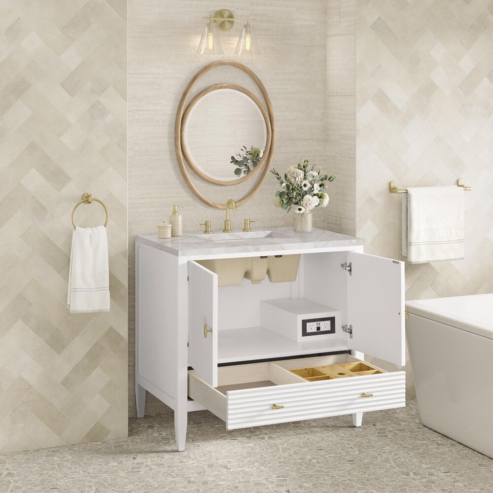 James Martin Vanities Myrrin 36&quot; Vanity in Bright White with 3 cm Victorian Silver Quartz Top, , large