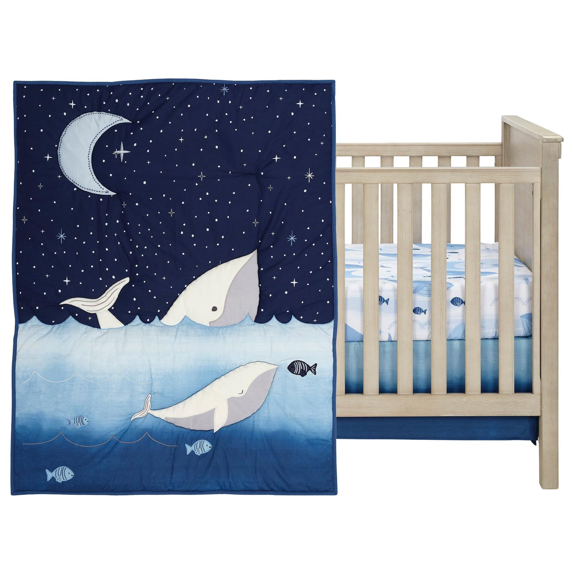 Lambs and Ivy Bubbles and Squirt Whale Ocean Aquatic 3 Piece Baby Crib Bedding Set in Blue and White NFM