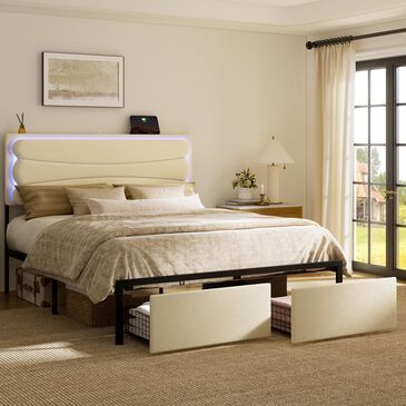 HOMLUX Full Upholstered Platform Storage Bed Frame in Beige, , large