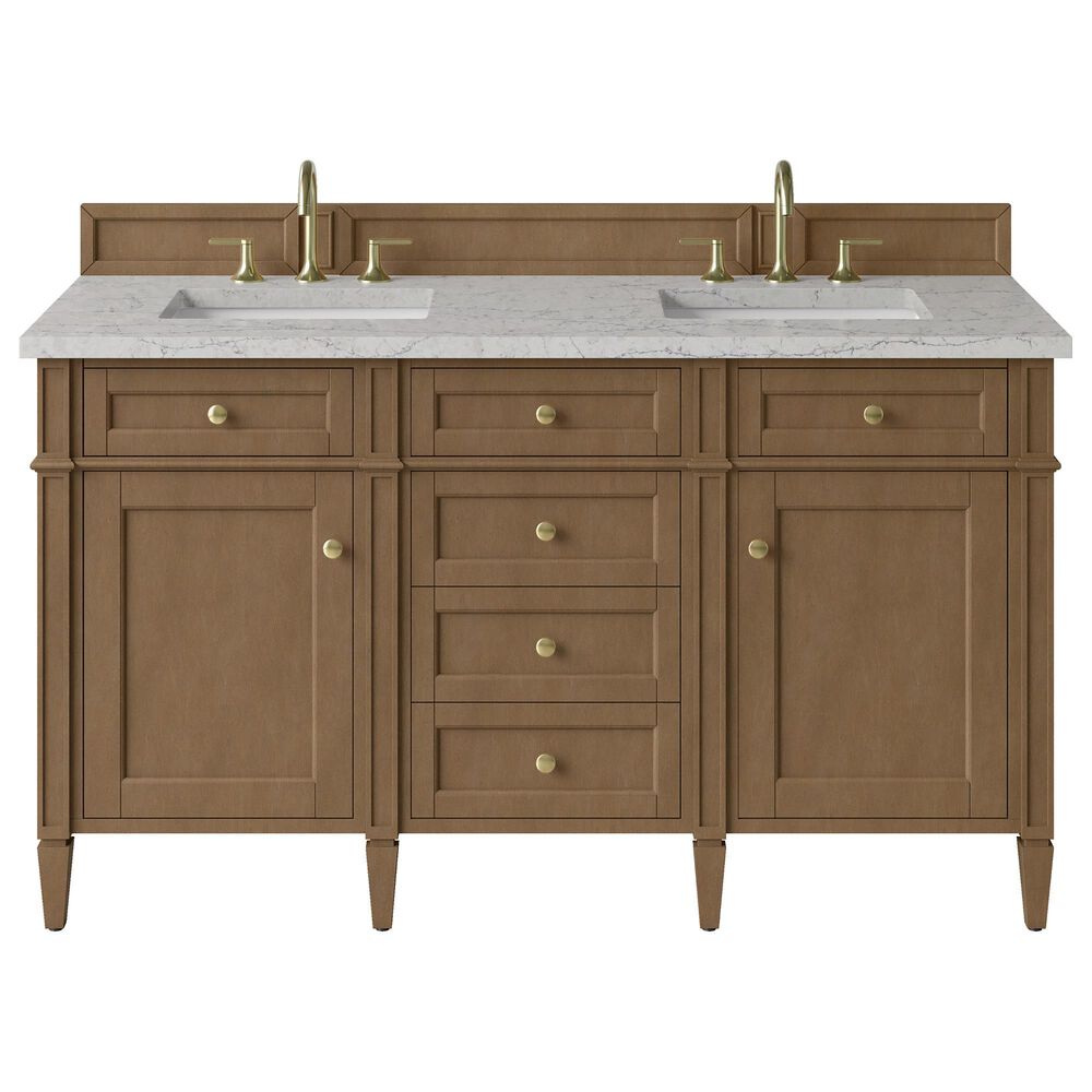 James Martin Brittany 60" Double Bathroom Vanity in Pecan with 3 cm Eternal Jasmine Pearl Silestone Top, Rectangular Sinks and FreePower Wireless Charger, , large