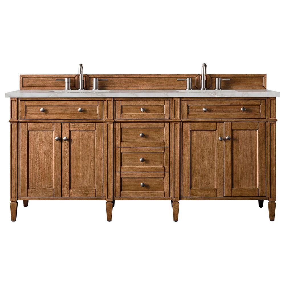 James Martin Vanities Brittany 72" Double Bathroom Vanity in Saddle Brown with 3 cm Eternal Jasmine Pearl Silestone Top, Rectangular Sinks and FreePower Wireless Charger, , large
