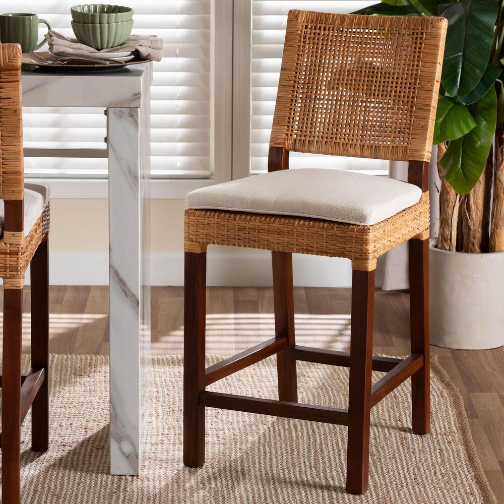 Baxton Studio Lesia Counter Stool with White Cushion in Walnut Brown, , large