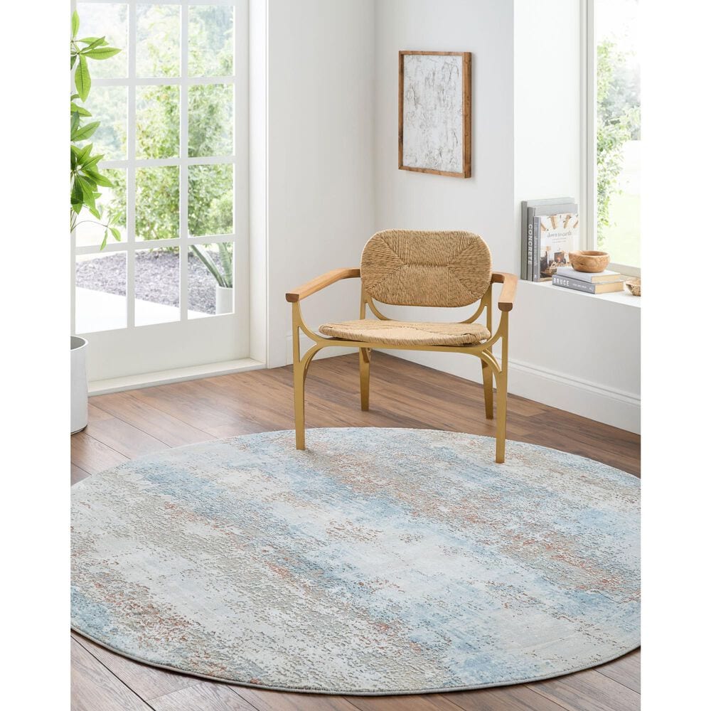 Surya Brunswick 7&#39;10&quot; Round Blue, Taupe, Cream, Tan, Seafoam and Gray Area Rug, , large