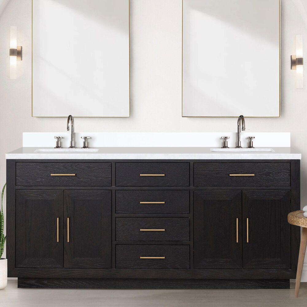 Lexora Home Abbey 72&quot; Double Bathroom Vanity in Black Oak with 2 cm White Cultured Marble Top and Rectangular Sinks, , large