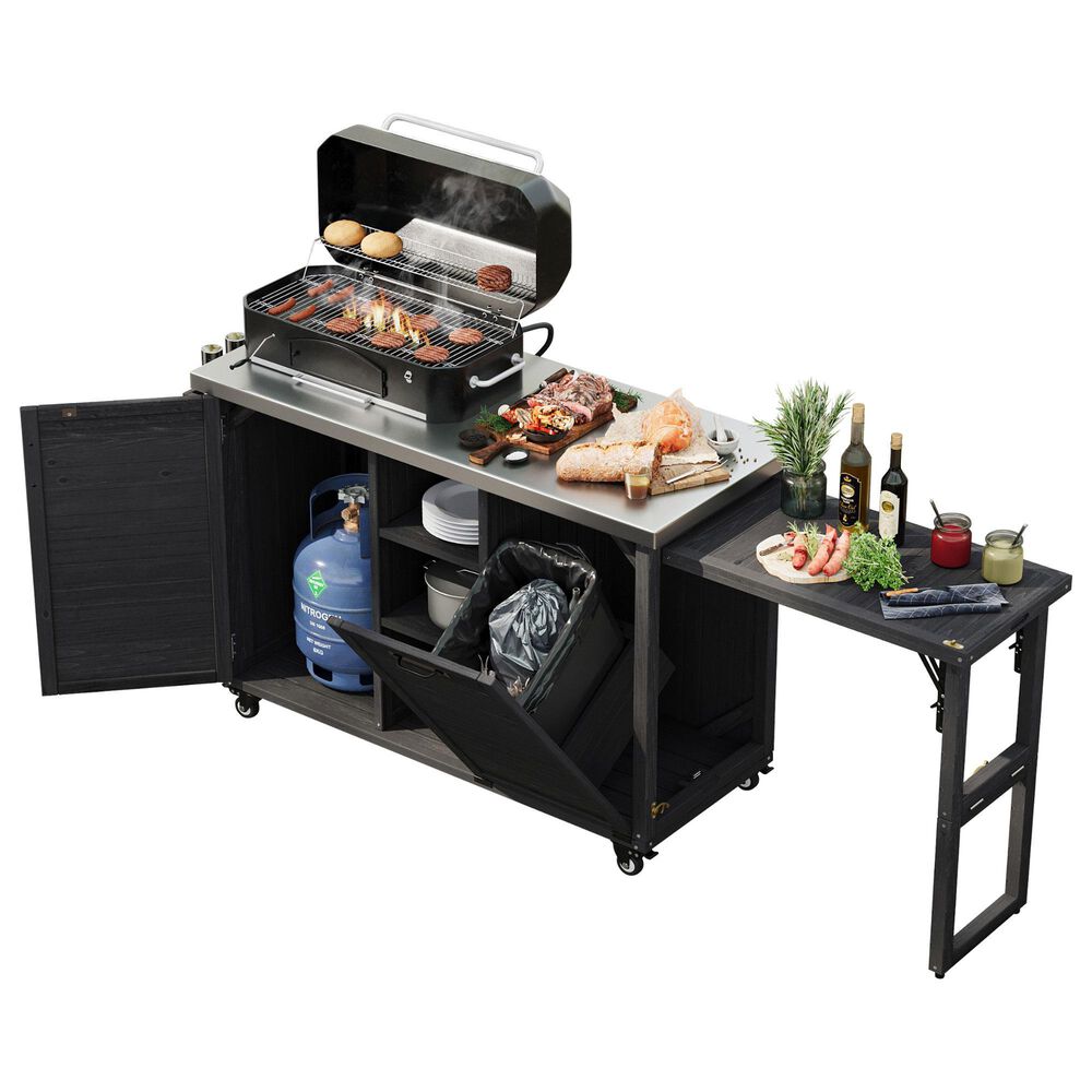 HOMLUX 78.3" Outdoor Kitchen Island with Foldable Grill Table in Black and Stainless Steel, , large