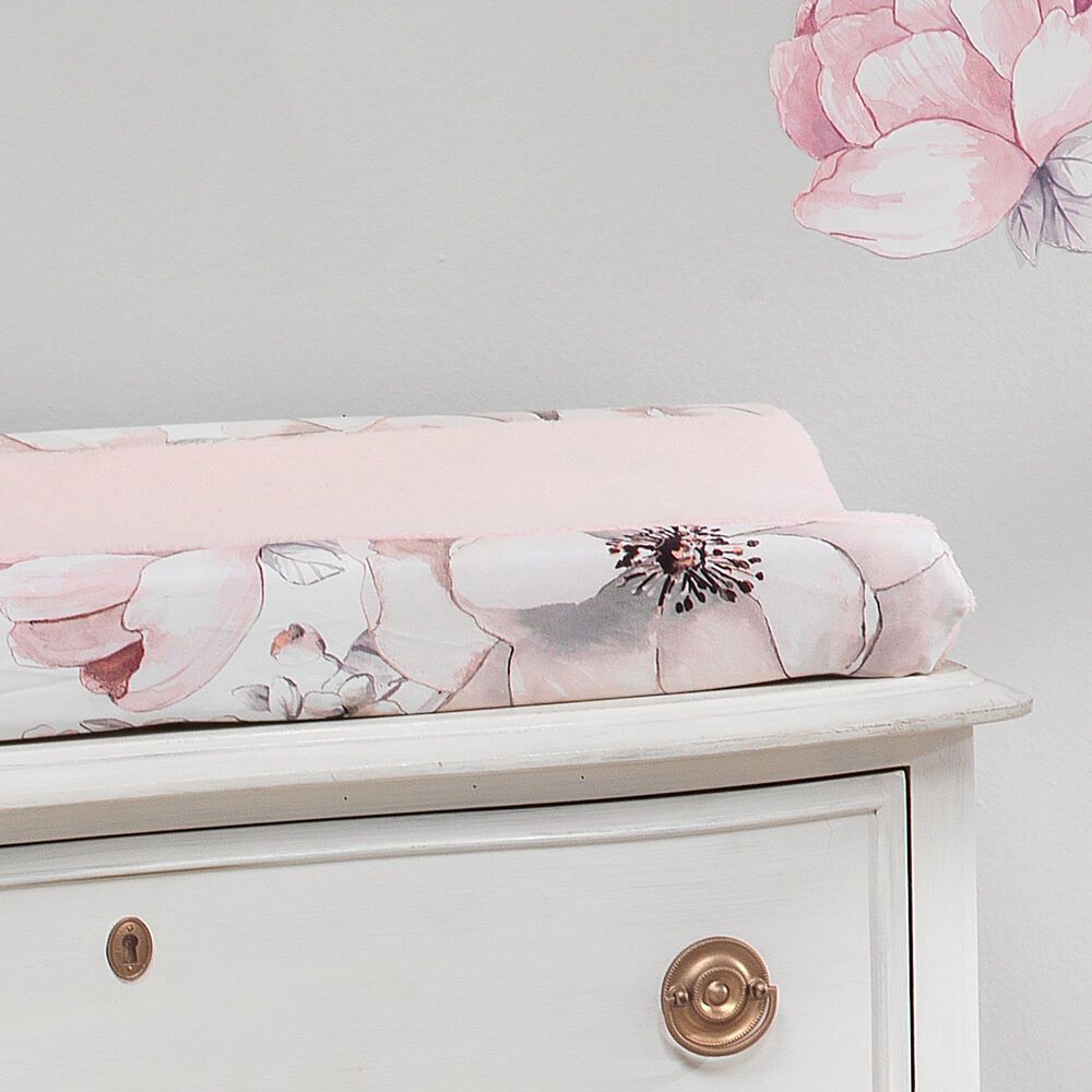 Lambs and Ivy Signature Botanical Baby Floral Minky Changing Pad Cover in Pink and Gray, , large