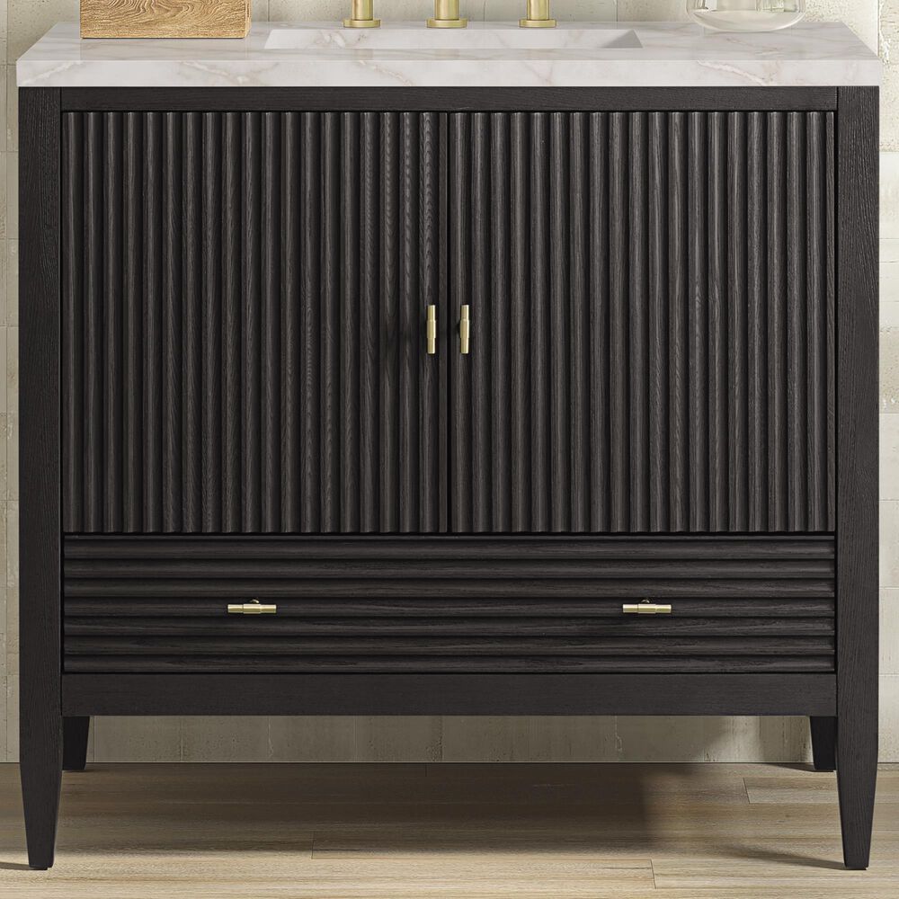 James Martin Vanities Myrrin 36&quot; Vanity in Carbon Oak with 3 cm Victorian Silver Quartz Top, , large