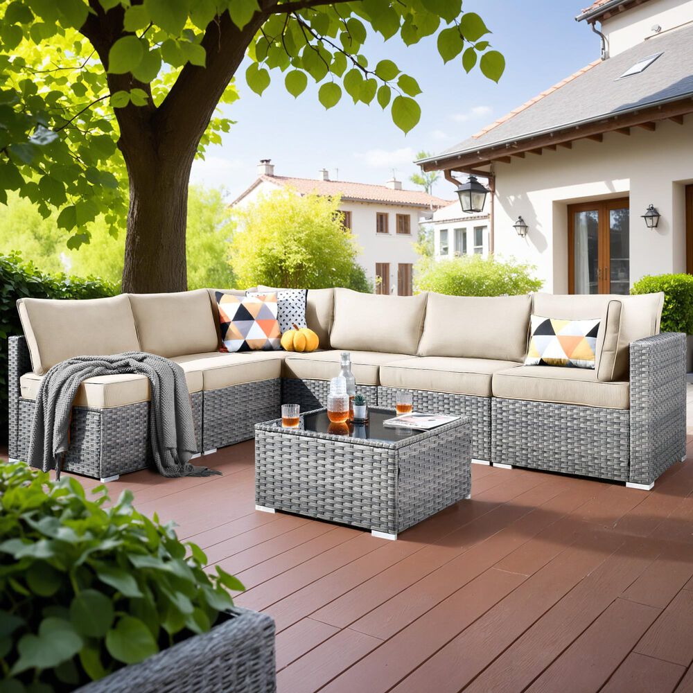 HOMLUX 7-Piece Patio Conversation Set with Grey Wicker in Beige, , large