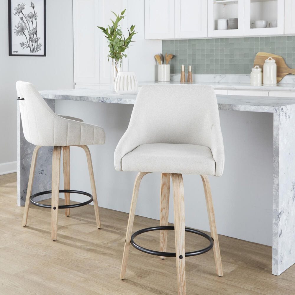LumiSource Hannah Swivel Counter Stool with Cream Fabric Upholstery in Whitewashed and Black (Set of 2), , large