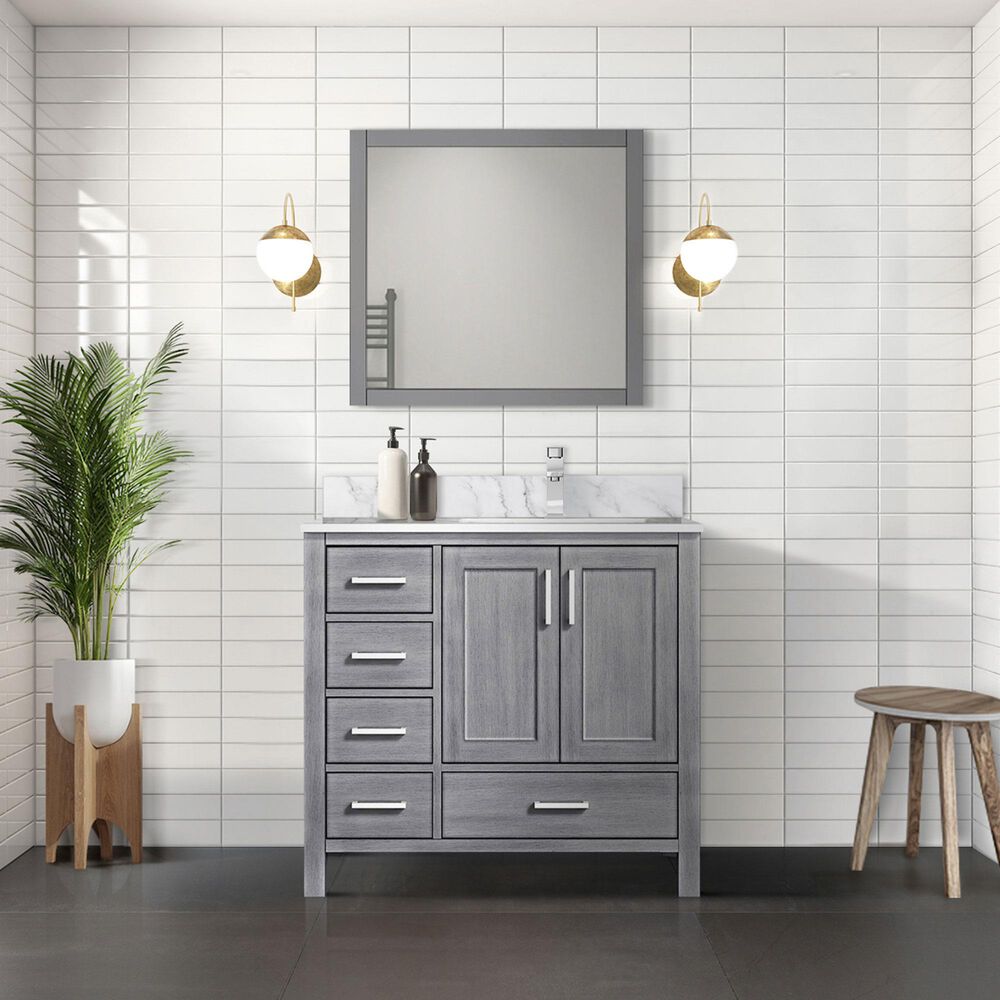Lexora Home Jacques 36&quot; Right Offset Single Bathroom Vanity in Distressed Grey with 2 cm White Carrara Marble Top and Rectangular Sink, , large