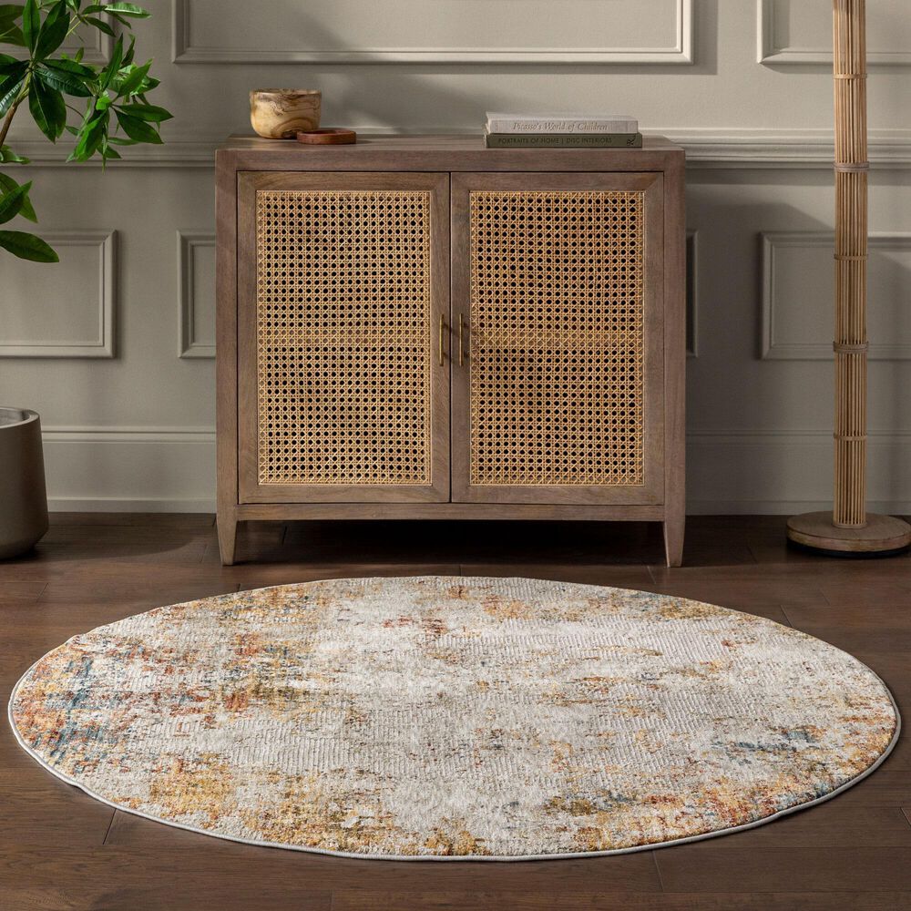 Surya Reina Light Gray, Cream, Medium Gray, Denim, Rust, Mustard and Olive 6'7" Round Area Rug, , large