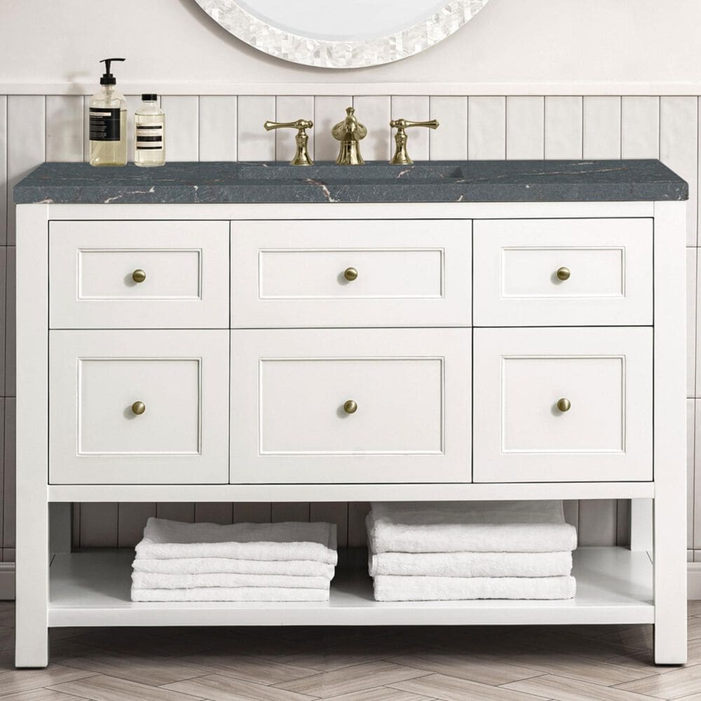 James Martin Vanities Breckenridge 48&quot; Single Bathroom Vanity in Bright White with 3 cm Parisien Bleu Quartz Top and Rectangular Sink, , large