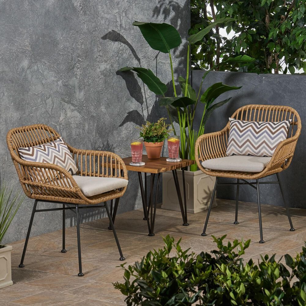 Hearth and Haven Rodney Outdoor Chair with Beige Cushion in Brown &#40;Set of 2&#41;, , large