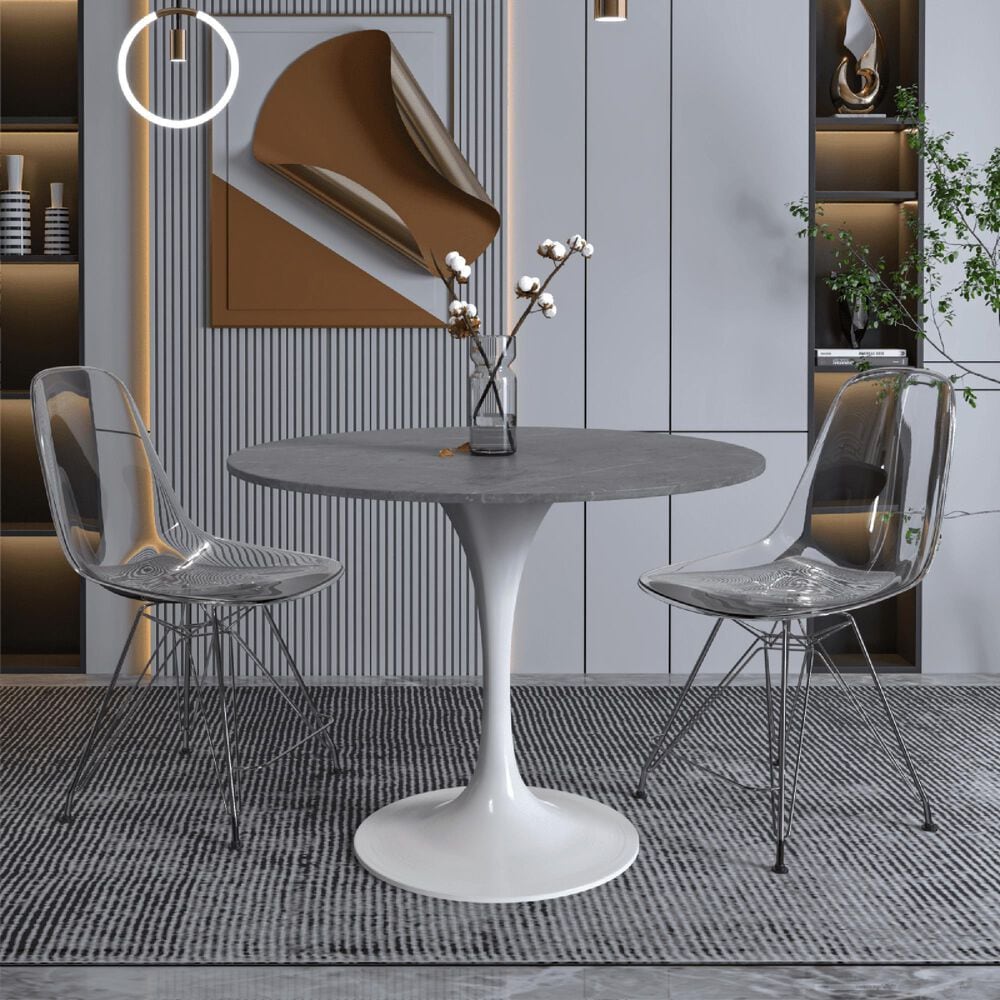 Leisuremod LeisureMod Verve Collection 36 Round Dining Table, White Base with Sintered Stone Grey Top, , large