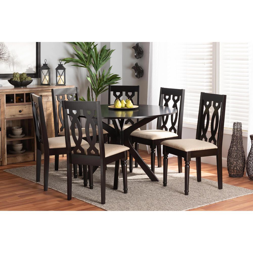 Baxton Studio Callie 7-Piece Dining Set in Sand/Dark Brown, , large