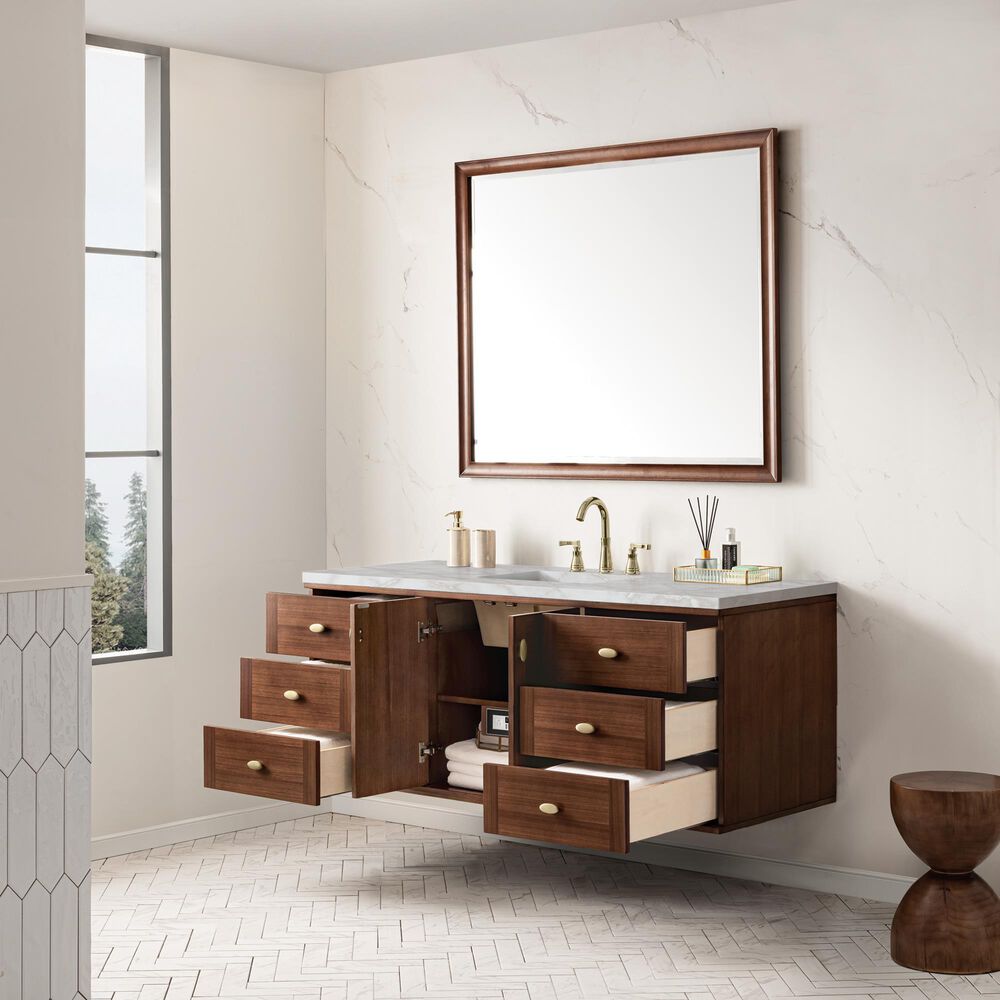 James Martin Vanities Amberly 60" Single Bathroom Vanity in Mid-Century Walnut with 3 cm Eternal Jasmine Pearl Silestone Top, Rectangular Sink and FreePower Wireless Charger, , large