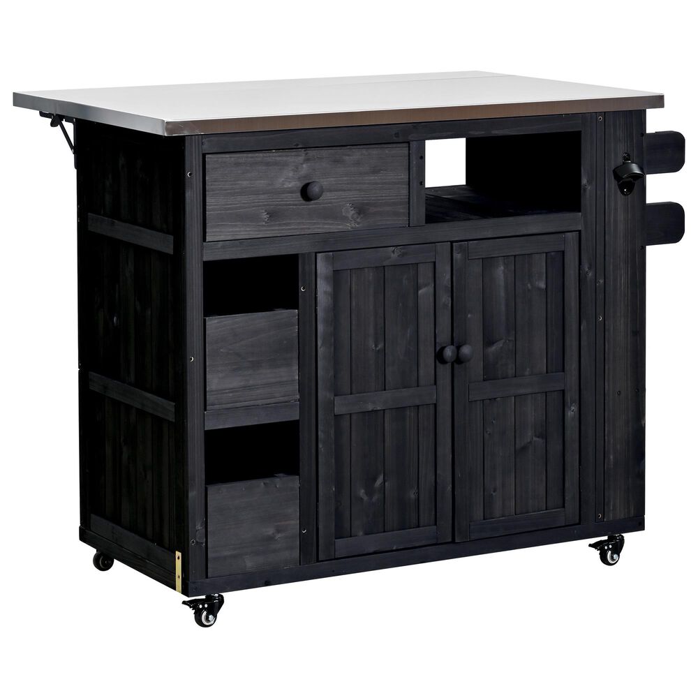 Hearth and Haven Outdoor Kitchen Island Cart with Extendable Stainless Steel Top and Adjustable Shelf in Black, , large