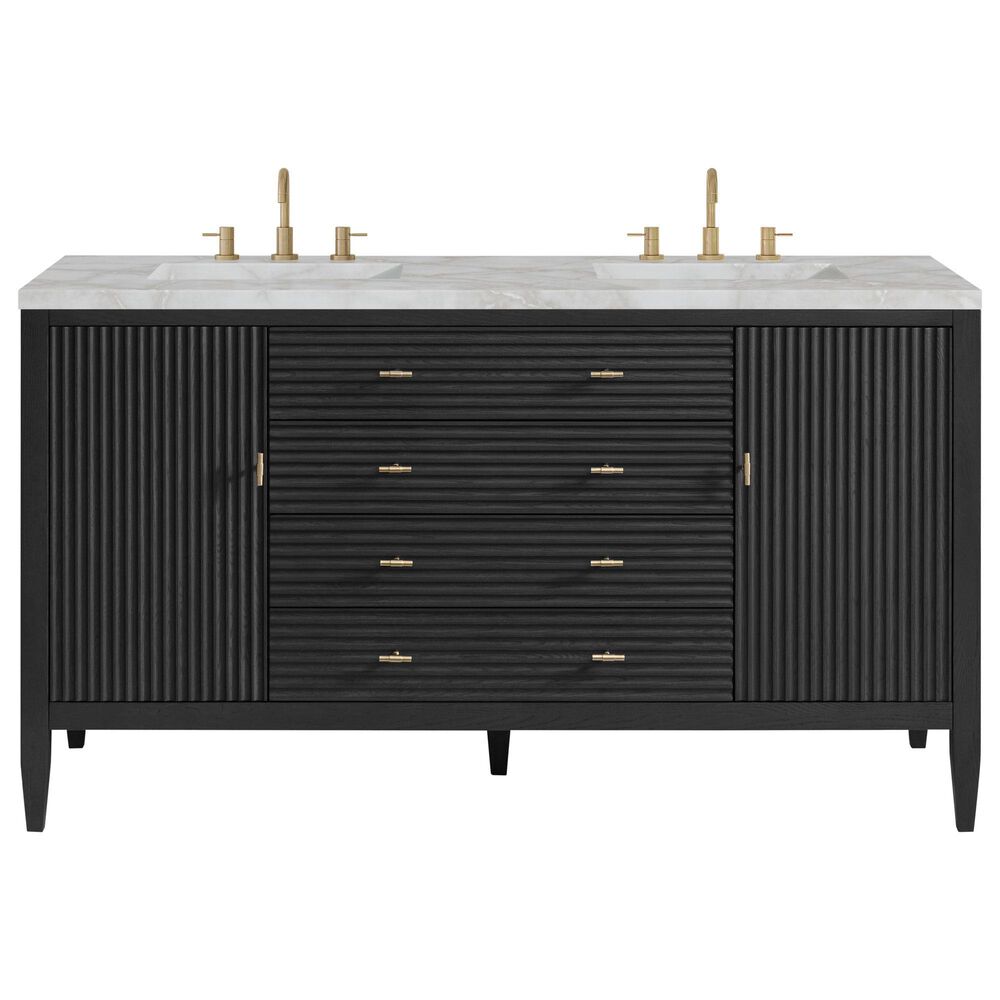 James Martin Vanities Myrrin 60" Double Bathroom Vanity in Carbon Oak with 3 cm Eternal Jasmine Pearl Silestone Top, Rectangular Sinks and FreePower Wireless Charger, , large